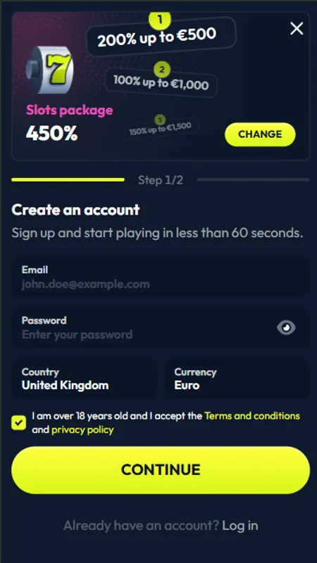Winzter Casino new account registration form